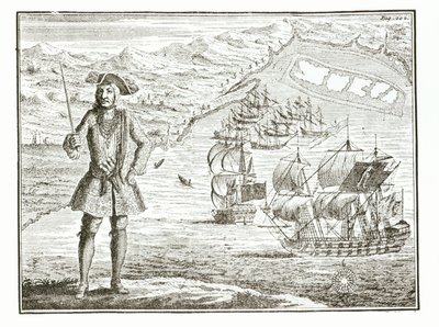 Capitán Bartholomew Roberts (1682-1722) con dos barcos, el Royal Fortune y Ranger zarpa en Whydah Road en la costa de Guinea, 11 de enero de 172? de Una historia general de los robos y muertes de los piratas más notorios de English School