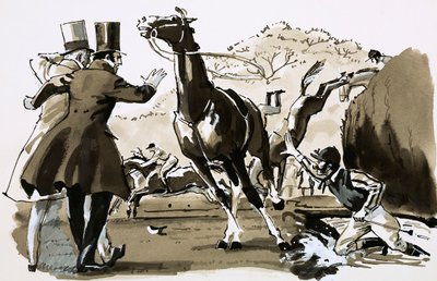 El Capitán Becher, arrojado en una valla durante el Gran Nacional (gouache sobre papel) de English School