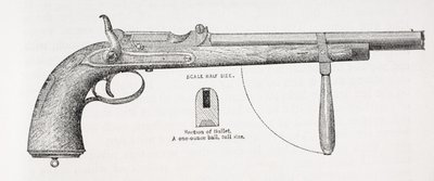 Pistola carabina del Capitán Burton y proyectil, de La vida del Capitán Sir Richard Burton, Volumen II por Isabel Burton (1831-96) publicado en 1893 de English School