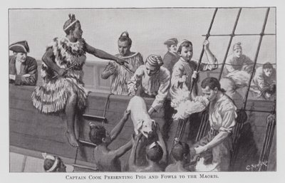 El Capitán Cook Presentando Cerdos y Aves a los Maoríes de English School