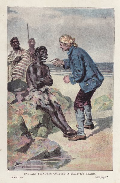 El capitán Flinders cortando la barba de un nativo de English School