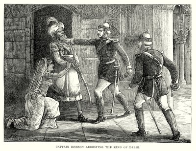 El capitán Hodson detiene al rey de Delhi (grabado) de English School