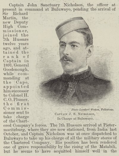Capitán J S Nicholson, a cargo en Buluwayo (grabado) de English School