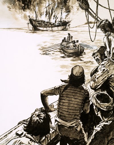 El Capitán Juan Sebastián del Cano quema uno de sus barcos de English School
