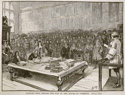 El Capitán Kidd ante el tribunal de la Cámara de los Comunes, ilustración de Cassells Illustrated History of England de English School