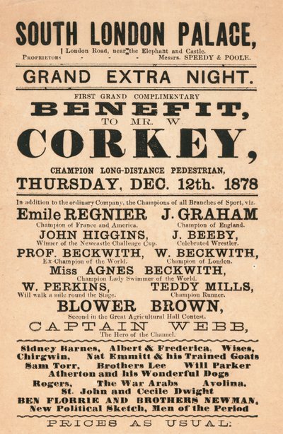 Capitán Webb, el héroe del Canal, Corkey el peatón, los Beckwith (nadadores) y otros en el South London Palace, 1878 de English School