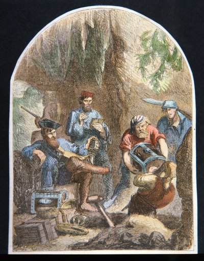 El capitán William Kidd ocultando tesoro en una caverna de English School