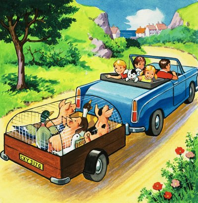 Coche tirando de un remolque de animales de granja de English School