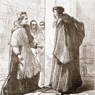 Cardenal Sadoleto visita a Calvino, ilustración de La Historia del Protestantismo de James Aitken Wylie, pub. 1878 de English School