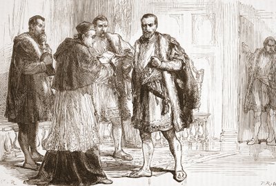 Cardenal de Tournon leyendo el cartel protestante a Francisco I, ilustración de La Historia del Protestantismo de James Aitken Wylie, pub. 1878 de English School