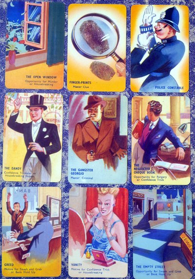 Cartas para un juego de cartas de asesinato en familia inglesa I Commit, c.1930 de English School