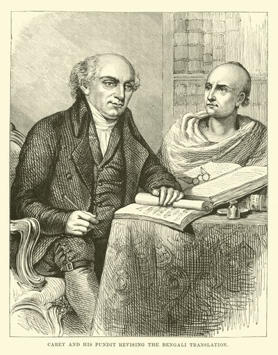 Carey y su pandit revisando la traducción bengalí de English School