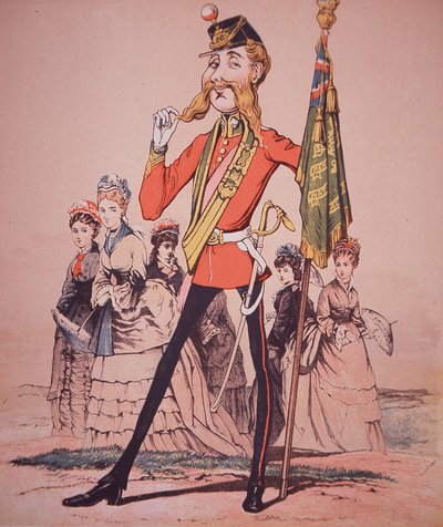 Caricatura de subalterno de infantería sosteniendo colores regimentales, de 