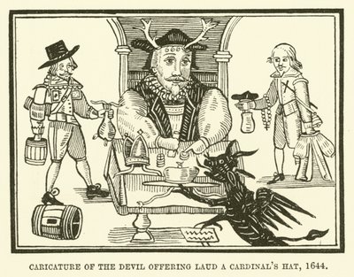 Caricatura del diablo ofreciendo a Laud un sombrero de cardenal de English School