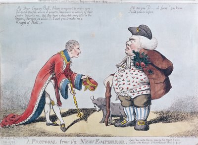 Caricatura ridiculizando a Napoleón en el momento de la Proclamación de Napoleón como Emperador el 18 de mayo de 1804, 9 de julio de 1804 de English School