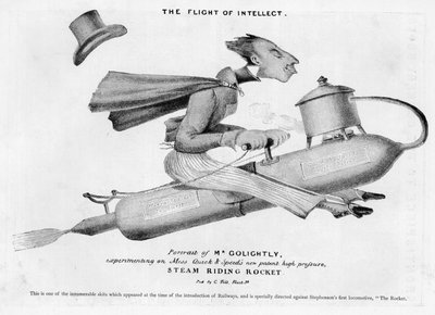 Caricatura ridiculizando la introducción de los ferrocarriles, especialmente el Rocket de Stephenson de English School