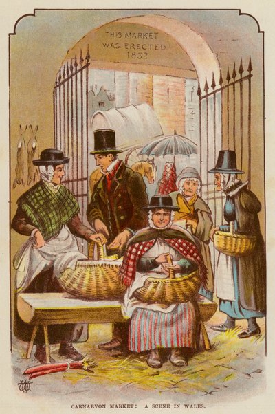 Mercado de Carnarvon, una escena en Gales (litografia en color) de English School