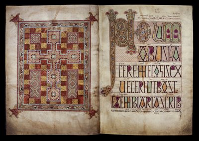 Portada y página del Incipit que introducen la carta de San Jerónimo al Papa Dámaso, Algodón Nerón D. IV, f.2v y f.3r de los Evangelios de Lindisfarne, 710-721 (vitela) de English School