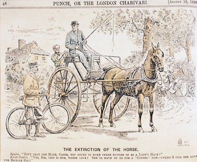 Caricatura sobre la llegada de bicicletas y transporte motorizado y el consecuente fin del tráfico de carruajes, de la revista Punch, 10 de agosto de 1895 de English School