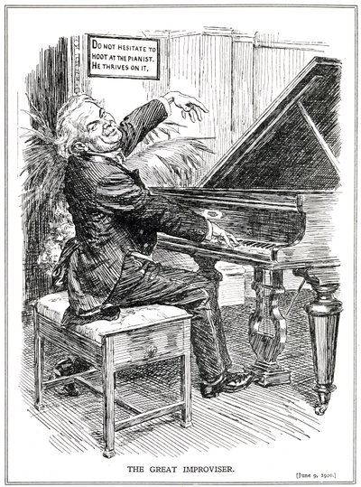 Caricatura satírica de Lloyd George como el Gran Improvisador o líder de los Improvisa-Tories, junio de 1920 de English School