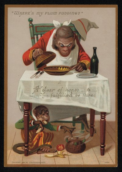 Caricatura de monos y un pudín de ciruela, tarjeta de felicitación de Año Nuevo de English School