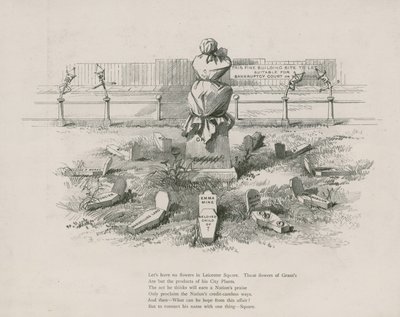 Caricatura, sátira sobre Albert Grant, las tumbas representan sus especulaciones dudosas de English School