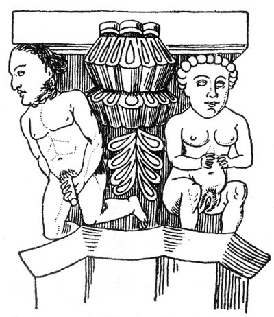 Figuras talladas de un hombre y una mujer mostrando sus genitales del capitel de una columna en una iglesia en Egra de English School