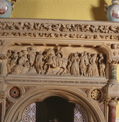 Chimenea tallada en la sala de dibujo, que representa a Isabel I siendo recibida por el Conde de Hereford en 1591 de English School