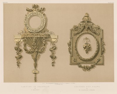 Tallado en madera de peral; Marco de cuero cortado de English School