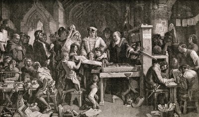 Caxton (c.1422-91) mostrando especímenes de su impresión al Rey Eduardo IV en el Almonry en Westminster, 1858 de English School