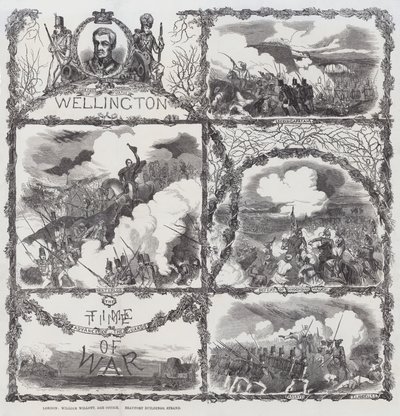 Celebración de las victorias del duque de Wellington en el sitio de Seringapatam (1799), la derrota de Dhondia Wagh (1800), la batalla de Assaye (1803) y la batalla de Waterloo (1815) (grabado) de English School