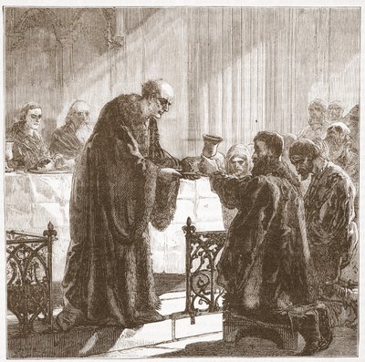 Celebración de la Cena del Señor en la forma protestante por los zuriqueños, ilustración de La Historia del Protestantismo de James Aitken Wylie, pub. 1878 de English School
