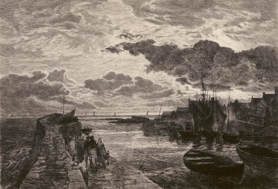 Puerto de Cellardyke, grabado por Chauvel, según Sam Bough (litografía) de English School