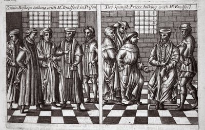 Ciertos obispos hablando con el Sr. Bradford en prisión, y dos frailes españoles hablando con el Sr. Bradford, ilustración de Hechos y Monumentos de John Foxe, novena edición, pub. 1684 de English School