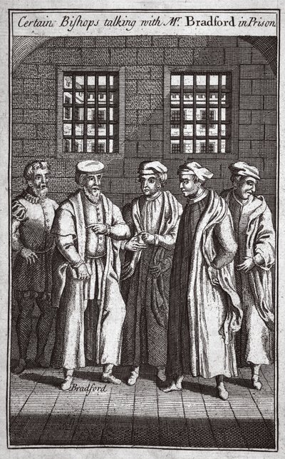 Ciertos obispos hablando con el Sr. Bradford en prisión, ilustración de Mártires de Fox c.1703 de English School