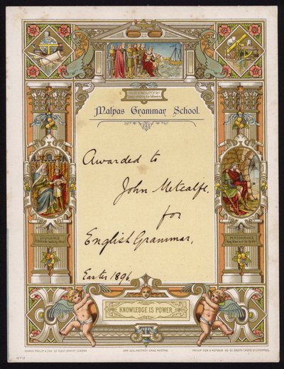 Certificado de gramática inglesa otorgado a un alumno de Malpas Grammar School, Cheshire de English School