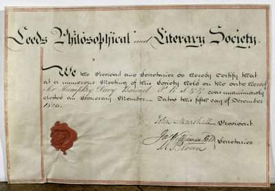 Certificado de membresía honoraria para Sir Humphry Davy (1778-1829) a la Sociedad Filosófica y Literaria de Leeds, 5 de diciembre de 1823 de English School