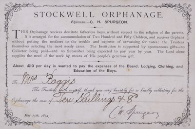 Certificado de agradecimiento por una donación al Orfanato de Stockwell, Londres, 1874 de English School