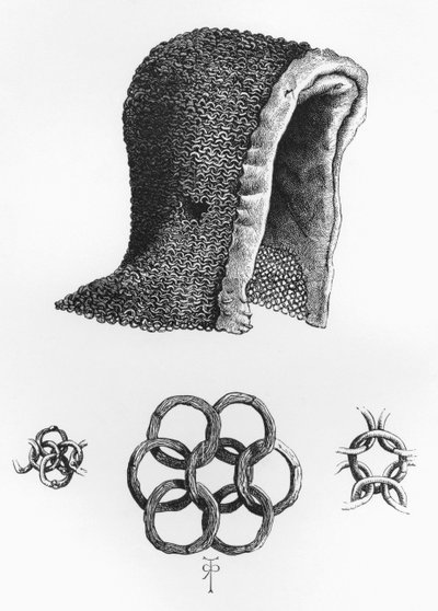 Capucha de cota de malla y ejemplo de cota de malla entrelazada, c. 1120 d.C., de The British Army: Its Origins, Progress and Equipment, publicado en 1868. de English School