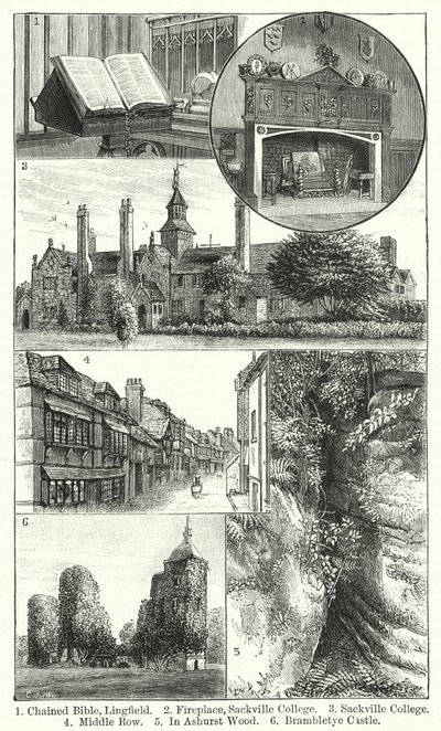 Biblia encadenada, Lingfield; Chimenea, Colegio Sackville; Colegio Sackville; Middle Row; En Ashurst Wood; Castillo Brambletye de English School