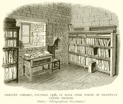 Biblioteca encadenada, fundada en 1598, en la sala sobre el pórtico de la iglesia parroquial de Grantham de English School
