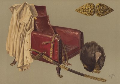 Silla y capa del Mariscal de Campo el Duque de Wellington, con piel de oso y espada de los Guardias Granaderos (cromolitografía) de English School