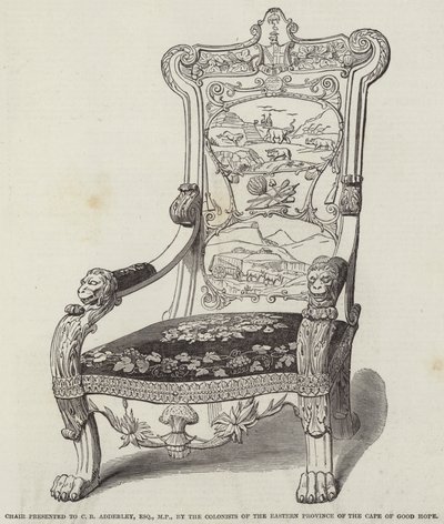 Silla presentada a C B Adderley, Esquire, MP, por los Colonos de la Provincia Oriental del Cabo de Buena Esperanza (grabado) de English School