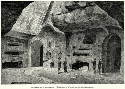 Cámara de una catacumba (con la cabeza de Cristo, etc., del siglo I) (grabado) de English School