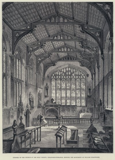 Presbiterio de la Iglesia de la Santísima Trinidad, Stratford-upon-Avon, mostrando el Monumento de William Shakespeare de English School
