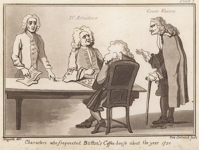 Personajes que frecuentaban Buttons Coffee House alrededor del año 1720: Dr Arbuthnot, Conde Viviani de English School