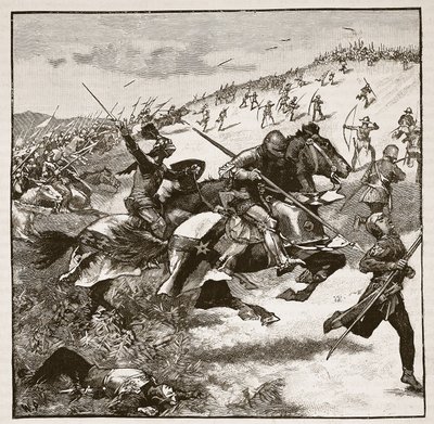 Carga de los escoceses en Homildon Hill, ilustración de Cassells Illustrated History of England de English School