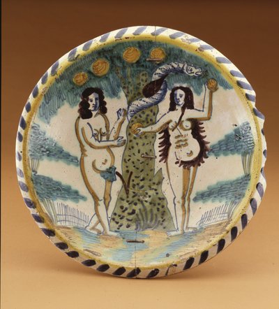 Plato decorado con la historia bíblica de Adán y Eva en el Jardín del Edén, c.1680 de English School