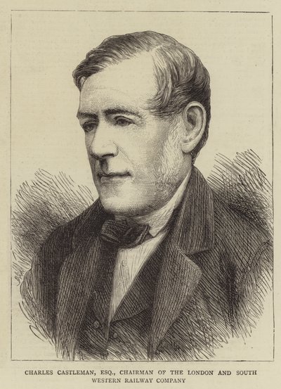 Charles Castleman, Esquire, presidente de la Compañía de Ferrocarriles de Londres y Suroeste (grabado) de English School