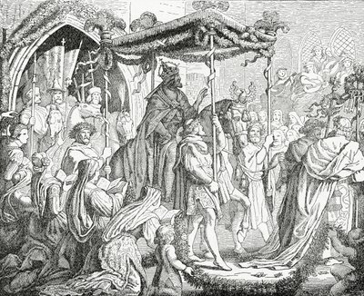 Carlos IV, emperador del Sacro Imperio Romano, visitando al papa Urbano V en Aviñón en 1365 de English School